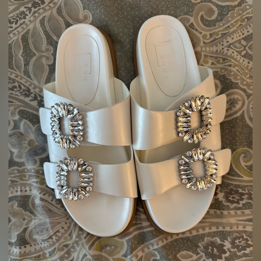 ShuShop Bridget White Sandals with Silver Embellishments